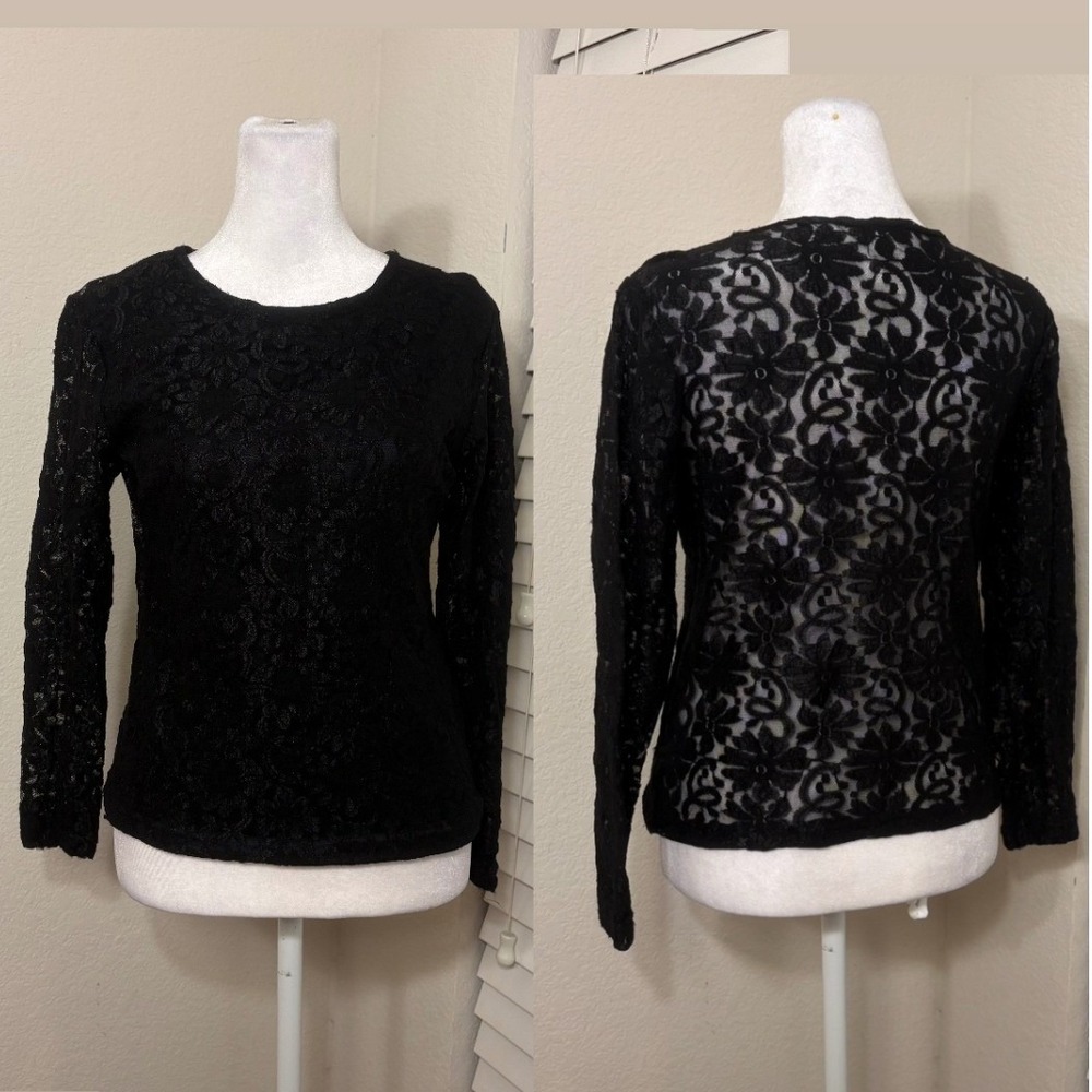 Vintage 90s grunge goth black lace sheer back long sleeve crew neck NYJeans sz M